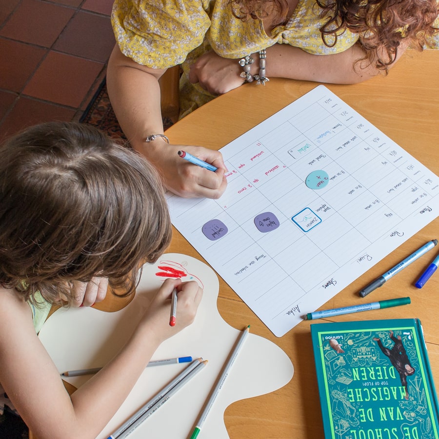 Vrouw en kind schrijven op sticky familieplanner en sticky Blub.