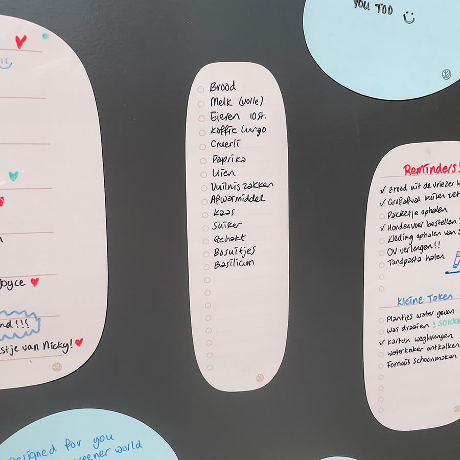 Sticky boodschappenplanner op een keukenkast geplakt.