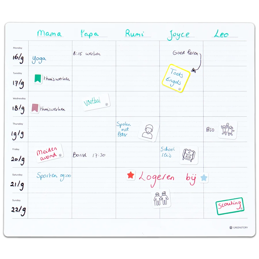 Sticky whiteboard familieplanner large met sticky tabs, beschreven met whiteboard pen.