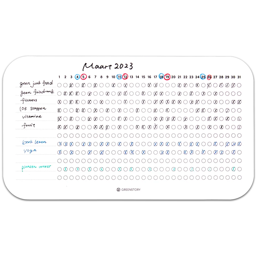 whiteboard habit tracker ingevuld