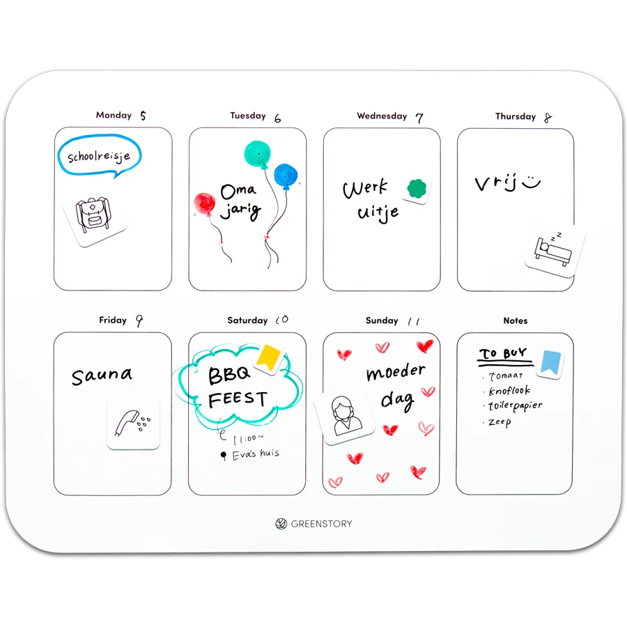 Week planner, week planbord gevuld met greenstory stiften, tabs en picto's